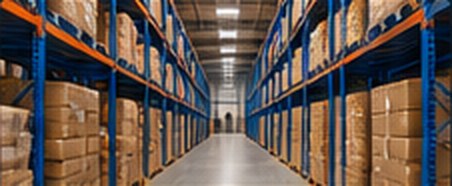 Warehouse aisle with tall shelving stacked with boxes