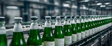 Glass bottles moving along a beverage bottling line