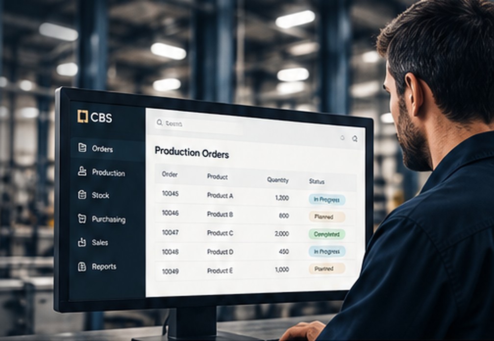 Production manager looking at a production orders screen in a factory
