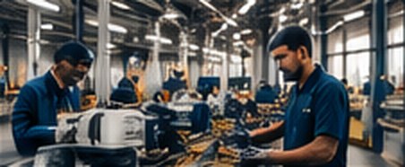 Workers operating machines on a manufacturing production line
