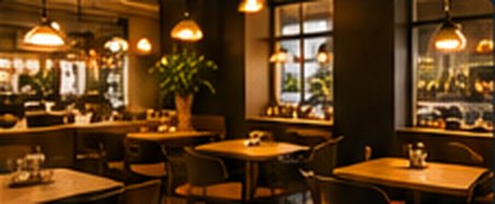 Warmly lit modern restaurant interior with tables